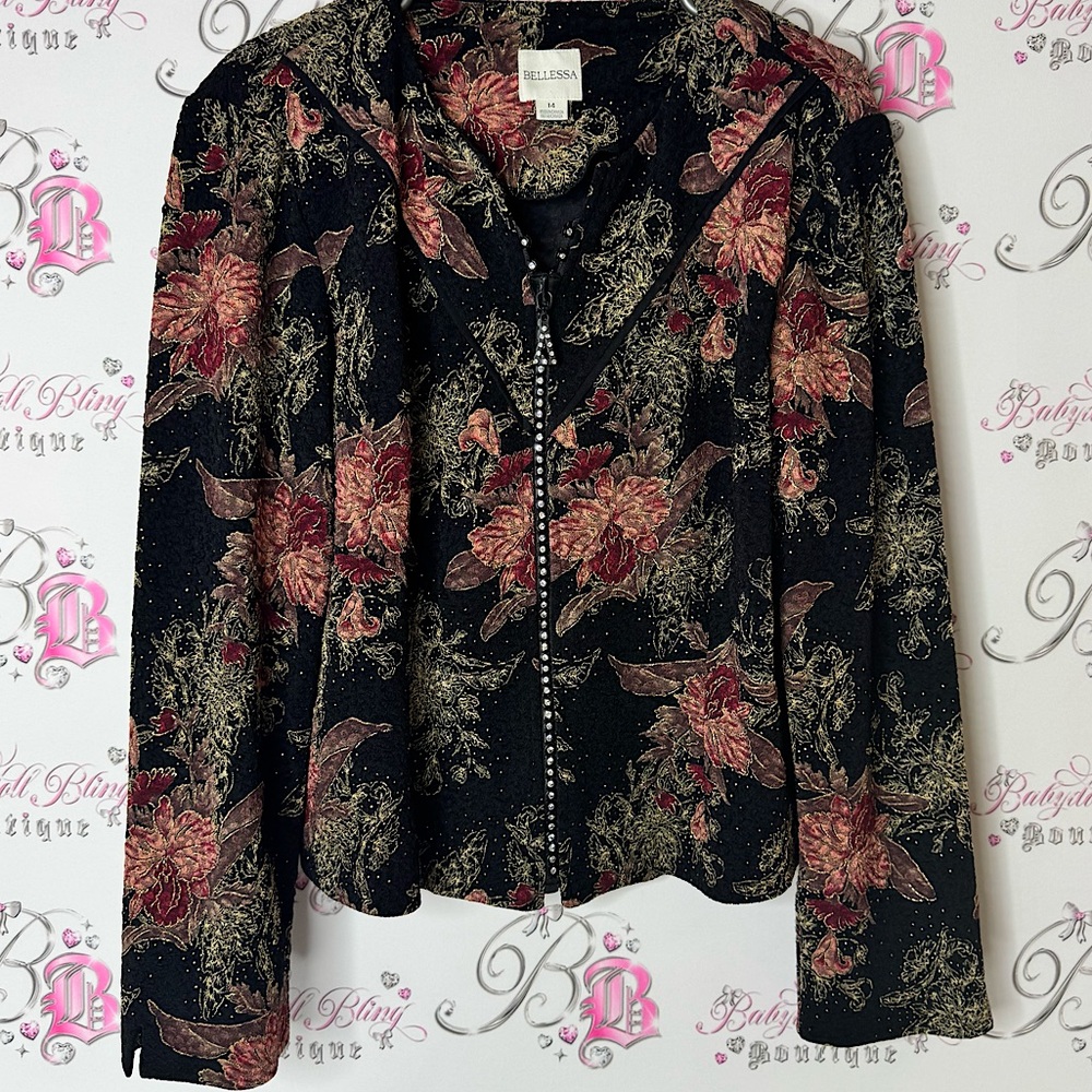 Bellessa blazer zip up rhinestone zipper bling  Black Floral sweater top